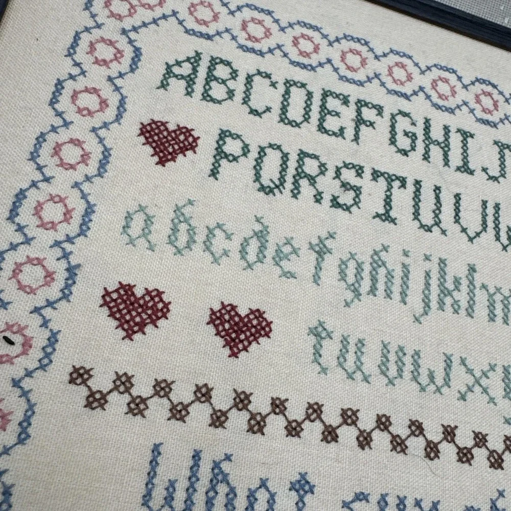 Vintage Wood Framed ALPHABET SAMPLER 16.5x20.5 Cross Stitch Embroidery Family